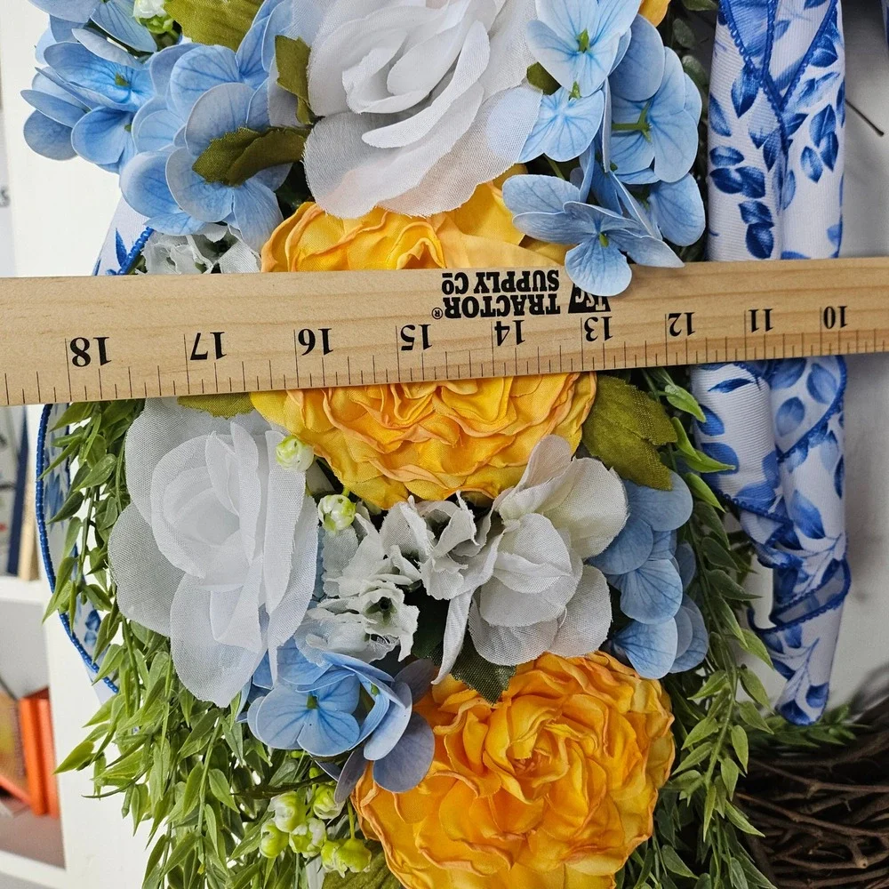 Hand Crafted Floral Grapevine‎ Wreath 16 inch Yellow Ranunculus Blue Hydrangea